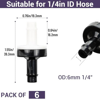1/4" (6mm) One Way Inline Check Valve Plug-in Barb Non Return Valve ABS Plastic Water Air Systems Stop Check Valve for Liquids 6PCS - size: 1/4inch