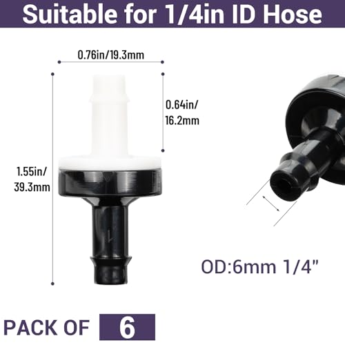 1/4" (6mm) One Way Inline Check Valve Plug-in Barb Non Return Valve ABS Plastic Water Air Systems Stop Check Valve for Liquids 6PCS - size: 1/4inch