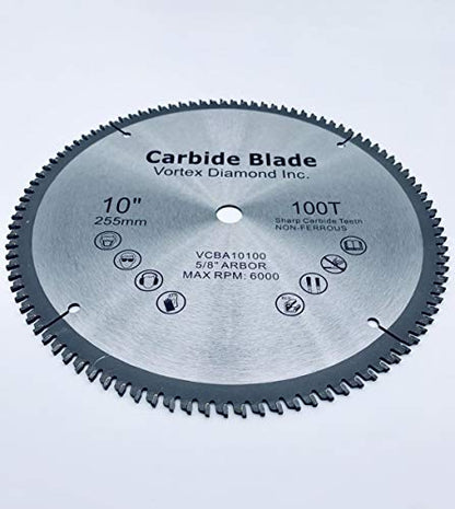 VORTEX DIAMOND 10 Inch 100 Teeth Aluminum Non-Ferrous Metal Circular Saw Blade with 5/8" Arbor (10 Inch 100 Teeth)
