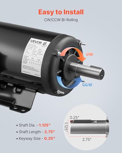 VEVOR 5 HP Electric Motor, 1725RPM Air Compressor Motor, CW/CCW Rotation, 1.125 inch Shaft Diameter, 2.75inch Shaft Length, 20.7N.m Torque, Three-Phase, TEFC Cooling, 230V/460V, 184T Frame - size: 5P B-2.75in Shaft Length