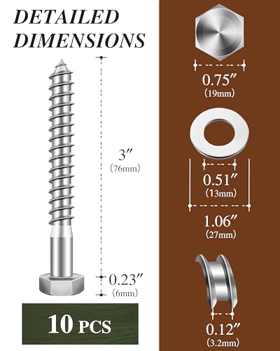 (1Box) 3/8" x 3" Hex Head Lag Screws Bolts with Flat Washers, 10Sets 304 Stainless Steel 18-8 Heavy Duty 3/8 Lag Bolts for Wood with Hex Socket - size: 3/8" x 3", style: 1-Box