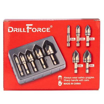 Cobalt Countersink Drill Bits Set(5PCS), M35 HSSCO 82 Degree 5 Flutes,1/4 Inch Quick Change Hex Shank for Stainless Steel, Metal, Wood, Carbon Steel 1/4'' 3/8'' 1/2'' 5/8'' 3/4''