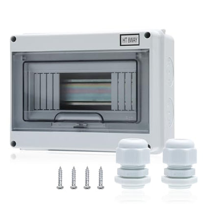 8 Way Distribution Protection Box,ABS/PC Alloy Plastic Transparent Cover Circuit Breaker Box IP66 Waterproof Distribution Box with DIN Rail and Waterproof Connector - size: HT-8