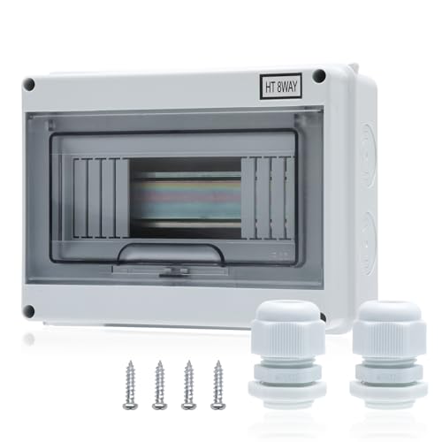 8 Way Distribution Protection Box,ABS/PC Alloy Plastic Transparent Cover Circuit Breaker Box IP66 Waterproof Distribution Box with DIN Rail and Waterproof Connector - size: HT-8