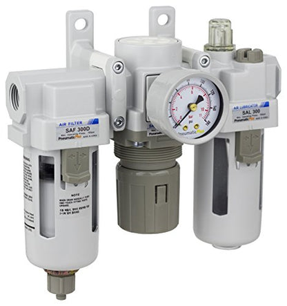 PneumaticPlus SAU300-N03G Compressed Air Filter Regulator Lubricator Combo 3/8" NPT - Poly Bowl, Manual Drain, Bracket, Gauge - style: Poly Bowl - Manual Drain