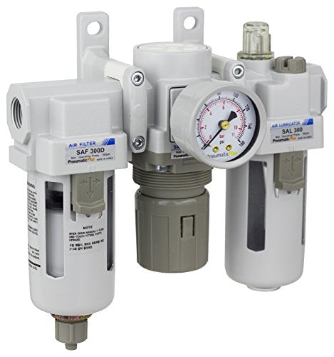 PneumaticPlus SAU300-N03G Compressed Air Filter Regulator Lubricator Combo 3/8" NPT - Poly Bowl, Manual Drain, Bracket, Gauge - style: Poly Bowl - Manual Drain