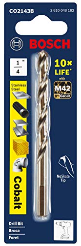 BOSCH CO2143B 1-Piece 1/4 in. x 4 in. Cobalt M42 Metal Drill Bit with Three-Flat Shank for Drilling Applications in Stainless Steel, Cast Iron, Titanium, Light-Gauge Metal, Aluminum - size: 1/4 x 4 in.