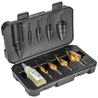 Klein Tools 25950 Step Drill Bit Set, Spiral Double Fluted, Titanium Nitride Coating, 1/4-Inch Impact Shank, Rugged Case, 4-Piece