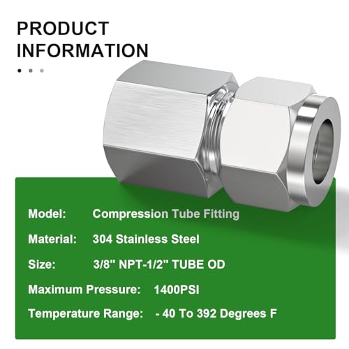 TAISHER 2PCS 304 Stainless Steel Compression Tube Pipe Fitting Connector, 1/2" Tube OD x 3/8" NPT Female - size: 1/2" OD x 3/8" FNPT