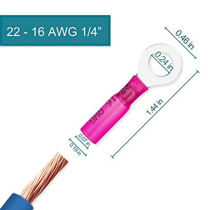 60 PCS Heat Shrink Ring Connectors,22-16 awg 1/4" Ring Terminals - size: 22-16AWG-1/4"(M6) 60PCS
