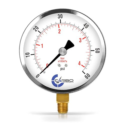 Carbo 60 PSI Dry Pressure Gauge with NIST Traceable Certificate, Calibrated in USA Lab, 4" Dial, 1/4 NPT Lower Mount, ASME Grade A, Steel Case, Brass Wetted Parts, PSI/Bar - size: 0-60 PSI, style: NIST TRACEABLE