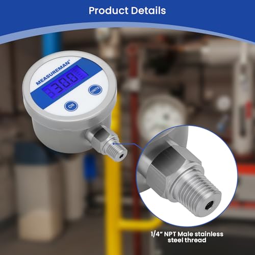 MEASUREMAN Economy Digital Pressure Gauge 2.5" Blue Backlit LCD, 0-30 PSI All Stainless Steel Case 1/4" NPT Connection 1% Accuracy - size: 0-30psi