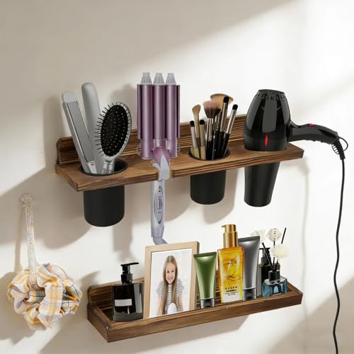Hair Tool Organizer Wall Mount Holder, 2 Layer Rustic Blow Dryer Holder, Hair Product Wooden Storage Shelf for Hair Dryer, Curling Iron, Hot Tools, Vanity Accessories, Makeup, Toiletries(Dark Brown) - color: Dark Brown-A