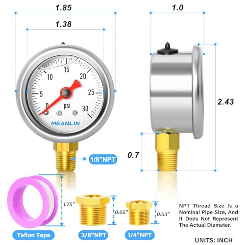 MEANLIN MEASURE 0~30Psi Stainless Steel 1/8" NPT 1.5" FACE DIAL, Glycerin Filled Pressure Gauge, Liquid Filled, Water Oil Air, Lower Mount, with 1/4" NPT and 3/8" NPT Hex Bushing - size: 0-30Psi