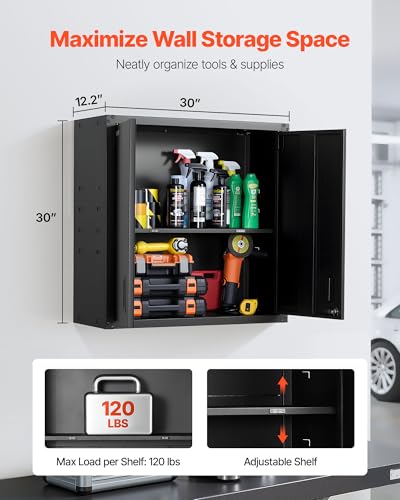 VEVOR Metal Wall Cabinet, 30W x 12.2D x 30H Inch, Steel Floating Hanging Storage Cabinet with Locking Doors and Adjustable Shelf for Garage, Basement, Kitchen, Warehouse Assembly Required, Black - size: Foldable 30" Without Open Grid