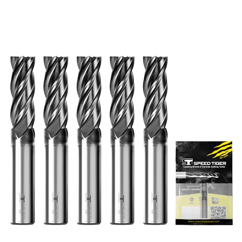 SPEED TIGER EISE 1/4" Carbide Square End Mill - 4 Flutes Milling Bits Set for Alloy Steels, Hardened Steels, Aluminum, Copper, Cast Iron, HRC 50 Deg AlTiN Coating, CNC Router Bits (5pcs) - size: 1/4 in