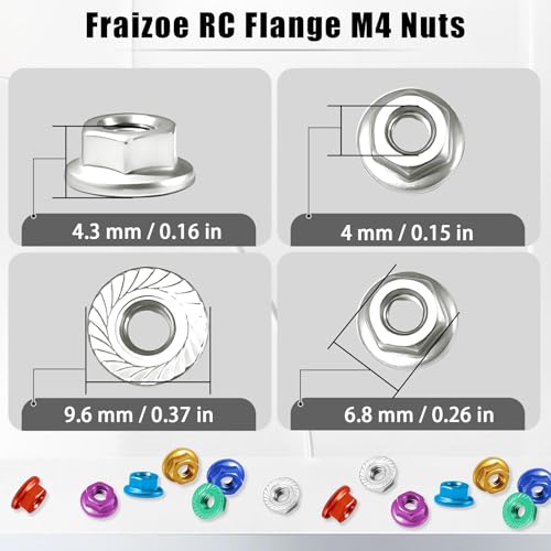 1/10 RC Flange M4 Lock Nuts Aluminum Alloy Serrated Nylon Self-Tightening M4 Wheel Hardware for Traxxas Redcat Arrma Axial HPI TLR ECX Model RC Car Crawler Truck Buggy Upgraded Parts, 8 Pcs - color: Silver, size: 8Pcs