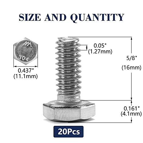 1/4-20 x 5/8" Hex Head Screw Bolt, 20Pcs 18-8 (304) Stainless Steel, Fully Threaded, Plain Finish, by SG TZH - size: 1/4-20 x 5/8"