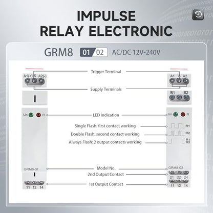 Electronic Impulse Latching Relay, GRM8-01 16A Memory Impulse Relay Wide Range Voltage AC DC 12V to 240V Pulse Relays Din Rail Mounted - style: GRM8-01AC/DC12V~240V