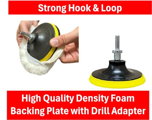 Lambswool Polishing Pads Sheepskin Buffing Pads with Elastic Band. 7PC Set Includes 5 Lambswool Cutting Pads with Hook and Loop Backing, 1 Backing Plate and 1 Drill Attachment - Wool Buffs (4 Inch) - size: 4 Inch