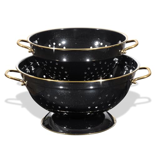Metal Colander 2 Pack, 3.5 Quart Powder Coated Self-draining Solid Ring Base Metal Large Kitchen Pasta Vegetable Fruit Strainer with Handle (L-BLACK) - color: L-BLACK