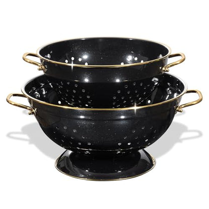 Metal Colander 2 Pack, 3.5 Quart Powder Coated Self-draining Solid Ring Base Metal Large Kitchen Pasta Vegetable Fruit Strainer with Handle (L-BLACK) - color: L-BLACK
