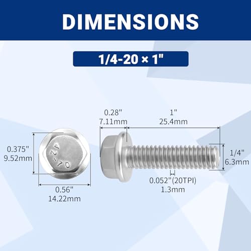 20pcs 1/4-20 x 1 Flange Hex Head Bolts (Non-Serrated), 304 SS - size: 1/4-20 x 1