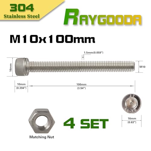 M10-1.5x100mm Socket Head Cap Screw and Nut Kit 4set, 304 Stainless Steel A2-70, Full Thread, Bright Finish - High Strength, Corrosion Resistant for Automotive, Machinery, DIY - size: M10x100mm(4 Sets）