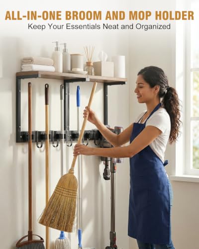 Large Broom Holder Wall Mount with Shelf, Vacuum Organizer, 5 Slots 5 Hooks - color: Black, size: Large