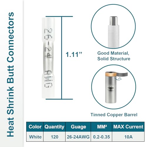 120PCS Heat Shrink Butt Connectors, 26-24 AWG White Wire Terminals - size: 26-24AWG(120pcs)