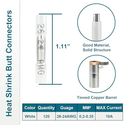 120PCS Heat Shrink Butt Connectors, 26-24 AWG White Wire Terminals - size: 26-24AWG(120pcs)