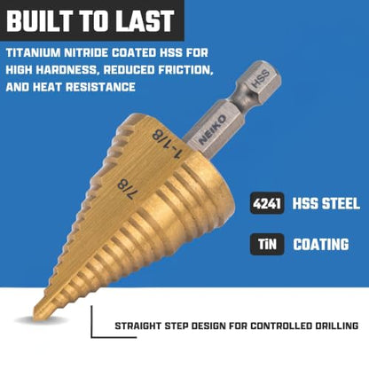 NEIKO 10628A Step Drill Bit, 2 Steps 7/8" to 1-1/8" Straight High Speed Steel, Titanium Nitride Coated, 1/4" Quick Change Step Bits for Steel, Metal, Wood, Plastic, Unibit Cone Drill Bits, Two Flute - size: #9 (7/8 - 1-1/8", 2S), style: Straight