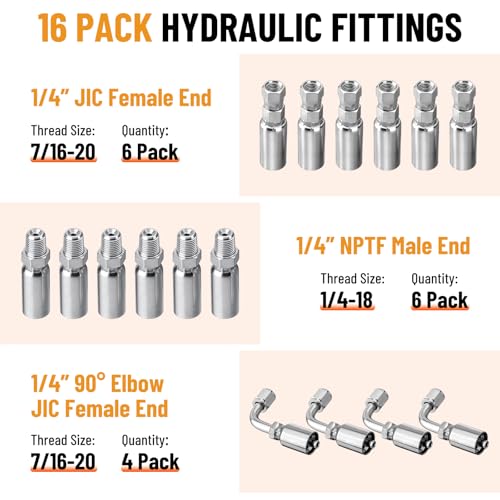 50FT 1/4" Hydraulic Hose with 16PCS Hydraulic Hose Fittings - size: 1/4" Hydraulic Hose - 50FT