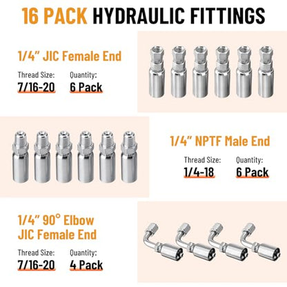 50FT 1/4" Hydraulic Hose with 16PCS Hydraulic Hose Fittings - size: 1/4" Hydraulic Hose - 50FT