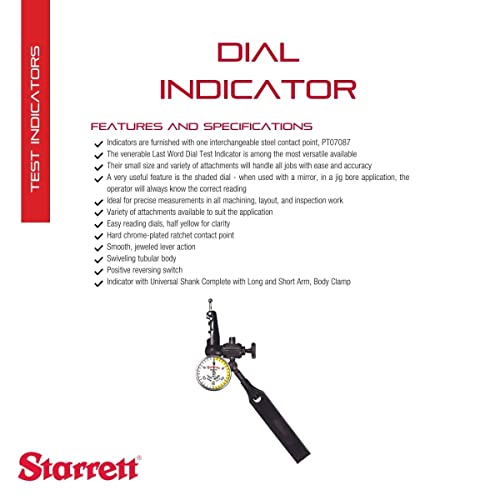 Starrett 711 Last Word Dial Test Indicator, 0.030" Range, 0.001" Graduation - size: 0-0.03", White Dial, style: 0.001" Graduation, 0.001" Accuracy