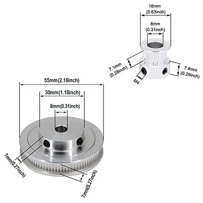 2PCS Set GT2 Synchronous Wheel 20&80 Teeth 8mm Bore Aluminum Timing Pulleys with 2PCS Length 250mm Width 6mm Belt (20-80T-8B-6) - style: 20-80T-8B-6