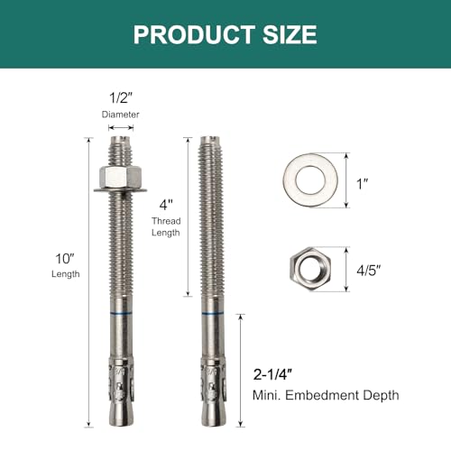 1/2" x 10" Concrete Anchors (10 Pack) 1/2 inch Wedge Anchors Bolts Stainless Steel - size: 1/2"x10"