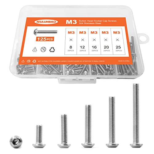 M3 x 8mm 12mm 16mm 20mm 25mm Button Head Socket Cap Screws Bolts, 304 Stainless Steel, Machine Fully Threaded, Metric Allen Hex Drive, Bright Finish, Assortment Kit 125PCS - size: M3 x 8/12/16/20/25mm (125PCS)
