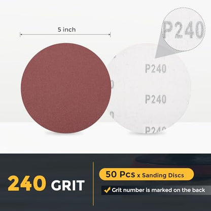 HARFINGTON 50 Pcs 5 Inch Sanding Discs 240 Grit Red Aluminum Oxide - size: 5 Inch(240 Grit)