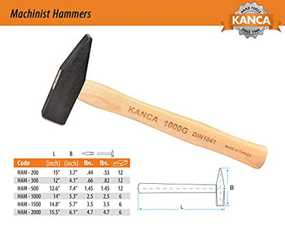 KANCA HAM-200, Machinist Handle Hammer, Blacksmith Hammer, Best Quality Ash Wood Handle, Hand Tools And Home Improvement Drop-Forged Head, Machinist tools, 200 GR, 0.53 LBS - size: 200 GR