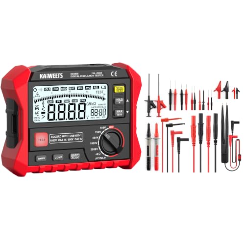 KAIWEETS KE2500 Insulation Resistance Tester Up to 200GΩ Pro Megohmmeter and KAIWEETS KET05 23PCS Multimeter Test Leads Kit with Replaceable Precision Probes Set