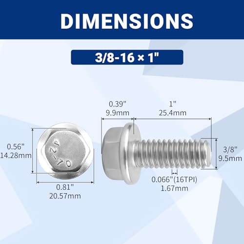 10pcs 3/8-16 x 1 Flange Hex Head Bolts (Non-Serrated), 304 SS - size: 3/8-16 x 1