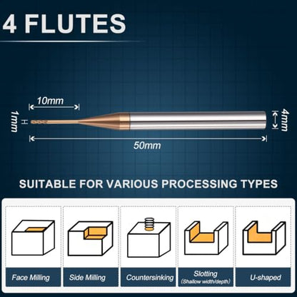 Carbide End Mill 1mm Dia 10mm Cut L 50mm L 4mm Shank 4 Flute - size: 1mm Dia - 10mm CL - 50mm L - 4mm Shank