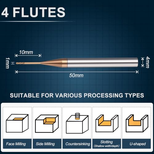 Carbide End Mill 1mm Dia 10mm Cut L 50mm L 4mm Shank 4 Flute - size: 1mm Dia - 10mm CL - 50mm L - 4mm Shank
