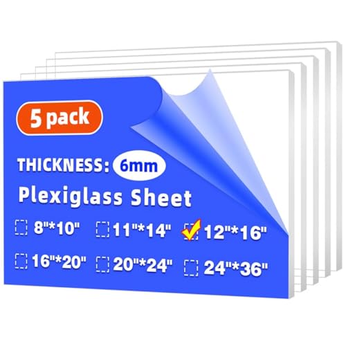 (5 Pack) 12" x 16" Clear Plexiglass Sheets 1/4 inch Thick (6mm) - size: 12" x 16" (5 pack), style: 6mm Thick (1/4")