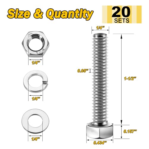Mywish (20 Sets) 1/4-20 x 1-1/2" Hex Head Assorted Screws Nuts and Bolts with Flat & Lock Washers, 304 Stainless Steel 18-8, Fully Threaded, 1/4 Bolt Metric Bolt Assortment - size: 1/4-20 x 1-1/2 (20 set)
