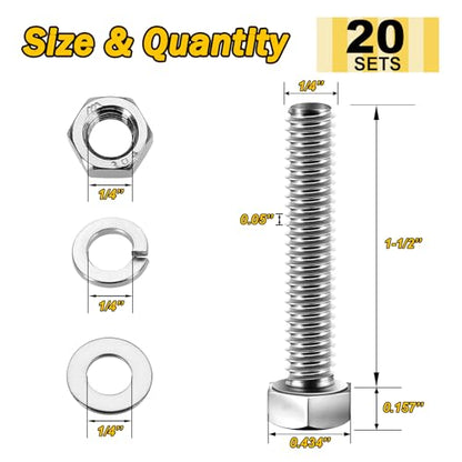 Mywish (20 Sets) 1/4-20 x 1-1/2" Hex Head Assorted Screws Nuts and Bolts with Flat & Lock Washers, 304 Stainless Steel 18-8, Fully Threaded, 1/4 Bolt Metric Bolt Assortment - size: 1/4-20 x 1-1/2 (20 set)