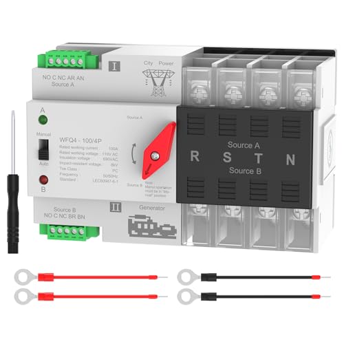 Automatic Transfer Switch 100A AC110V, Dual Power ATS 4P Automatic/Manual Transfer Switch din Rail mounting for Home Generator, RV，Public/Backup Power Supply - size: Automatic Transfer Switch 4P 110V