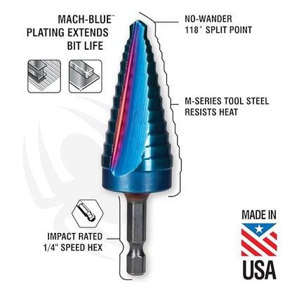 Spyder 1/4 to 3/4-inch Hex Shank 9-Step HSS Drill Bit with Mach-Blue Armor Plating for Steel, Aluminum, Stacked Materials, and More. - size: 1/4-Inch to 3/4-Inch