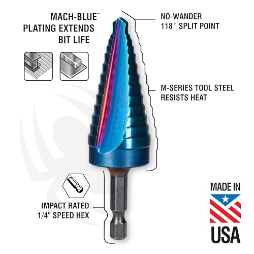 Spyder 1/4 to 3/4-inch Hex Shank 9-Step HSS Drill Bit with Mach-Blue Armor Plating for Steel, Aluminum, Stacked Materials, and More. - size: 1/4-Inch to 3/4-Inch